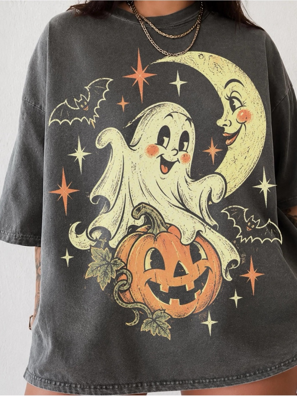 Retro Halloween Ghost & Pumpkin T-Shirt - pepper